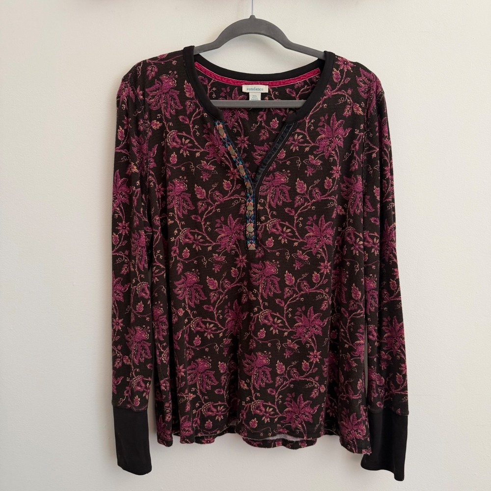 Sundance Floral Thermal Henley Top XXL Brown Pink Waffle Knit Velvet Trim Boho